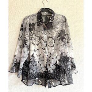 Nicola Women's Black & White Floral Sheer Button-Up Blouse Size 2X
